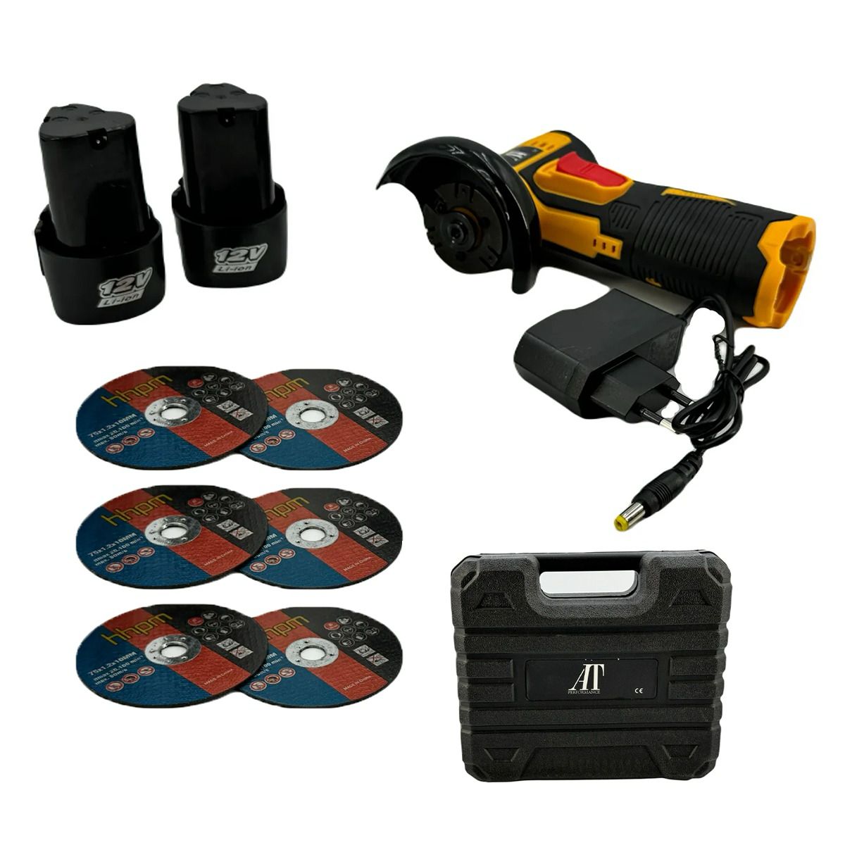 Mini Polizor Flex Unghiular Portabil, AT PERFORMANCE®, 2 acumulatori 12V, 750W, 1500 mAh, 19500 rpm, 6 discuri 76 mm, Autonomie Mare, Portocaliu/Negru.